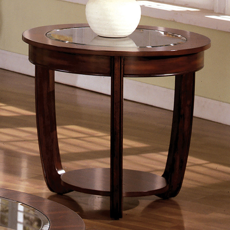 Dark Cherry 1pc End Table Open Bottom Shelf Round Design Glass Insert Top Living Room Furniture