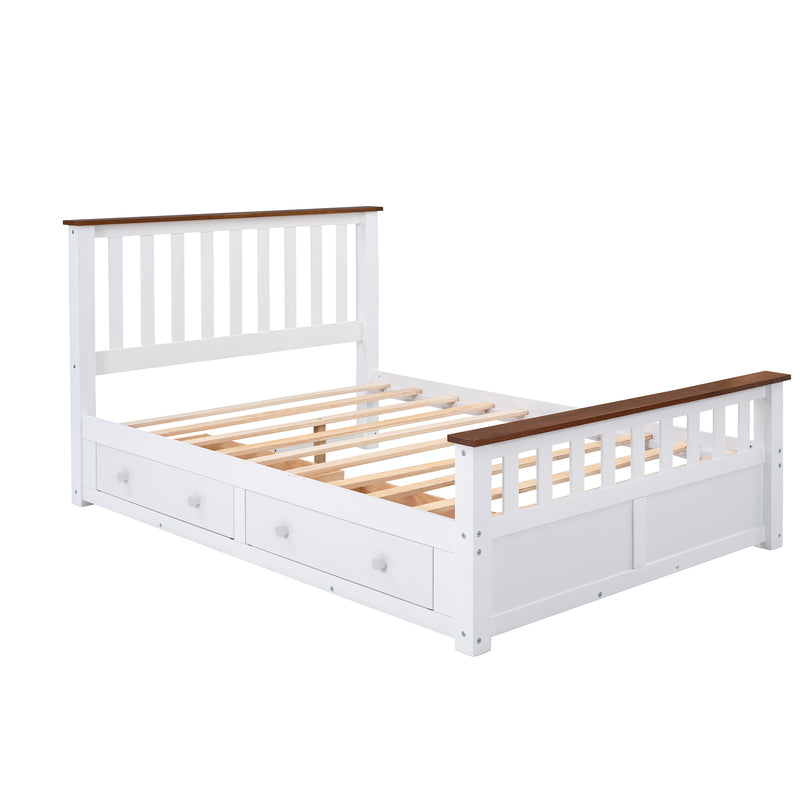 Full Size Wood Platform Bed with Two Drawers and Wooden Slat Support,White+walnut