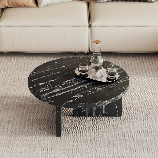 Black MDF material circular coffee table with texture, 31.4 inch black middle table, modern tea table, suitable for small spaces, living room.