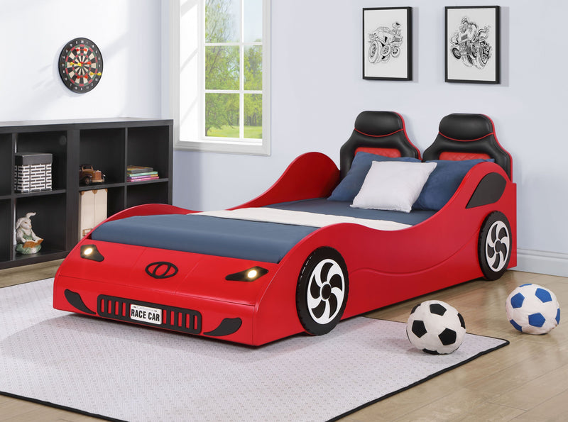 Colen Red Finish Twin Car Bed with LED