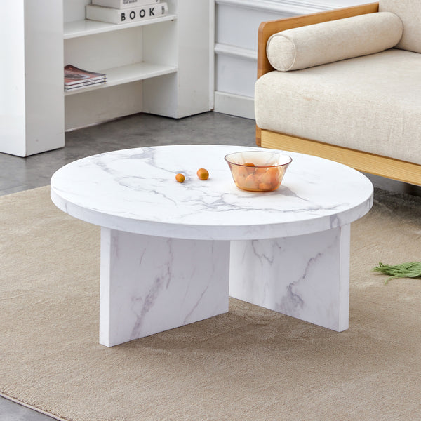 A white MDF material circular patterned coffee table, a 31.4-inch white center table, modern coffee table, suitable for small spaces and living rooms.