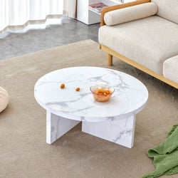 A white MDF material circular patterned coffee table, a 31.4-inch white center table, modern coffee table, suitable for small spaces and living rooms.