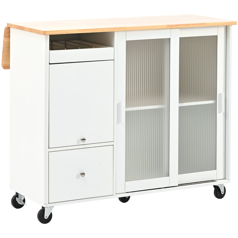 Kitchen Island with Drop Leaf, LED Light Kitchen Cart on Wheels with 2 Fluted Glass Doors and 1 Flip Cabinet Door, Large Kitchen Island Cart with an Adjustable Shelf and 2 Drawers (White)