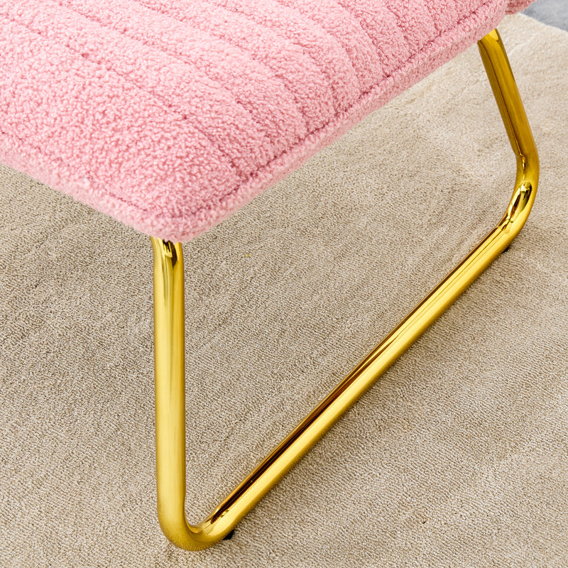 Modern minimalist pink plush fabric single person sofa chair with golden metal legs. Suitable for living room, bedroom, club, comfortable cushioned single person leisure sofa