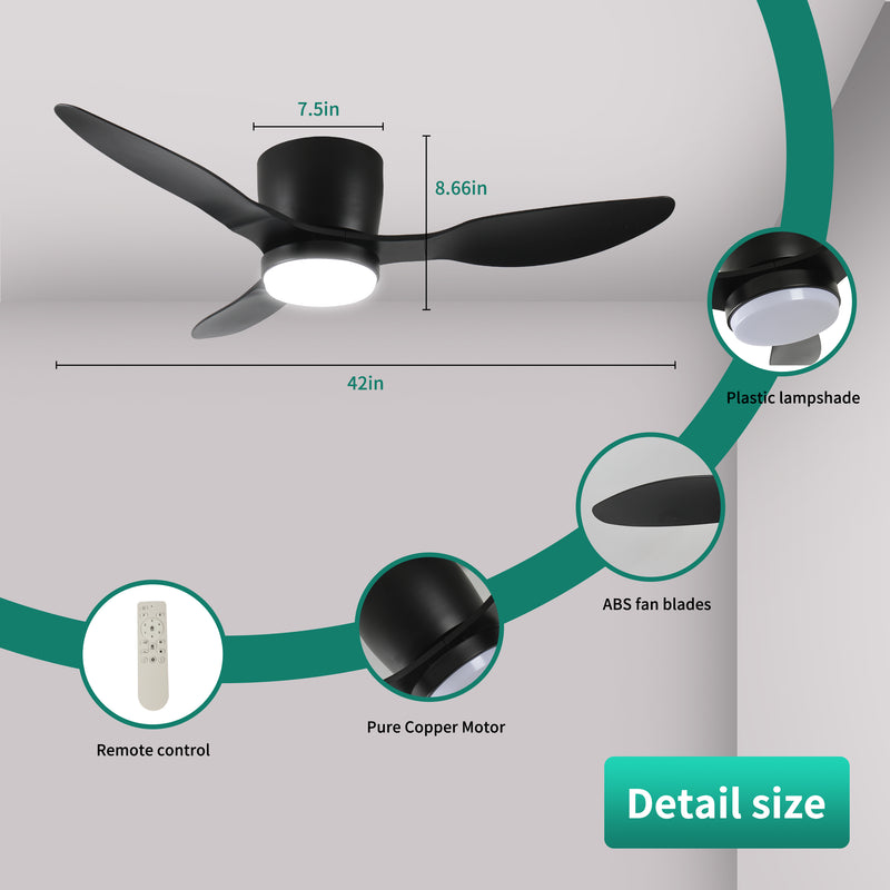 42" Smart Flush Mount Ceiling Fans with Lights Remote,Quiet DC Motor,Outdoor Indoor Low Profile  Ceiling Fan,Control with WIFI Alexa App,Dimmable,ABS  blades,for Modern Bedroom Patio