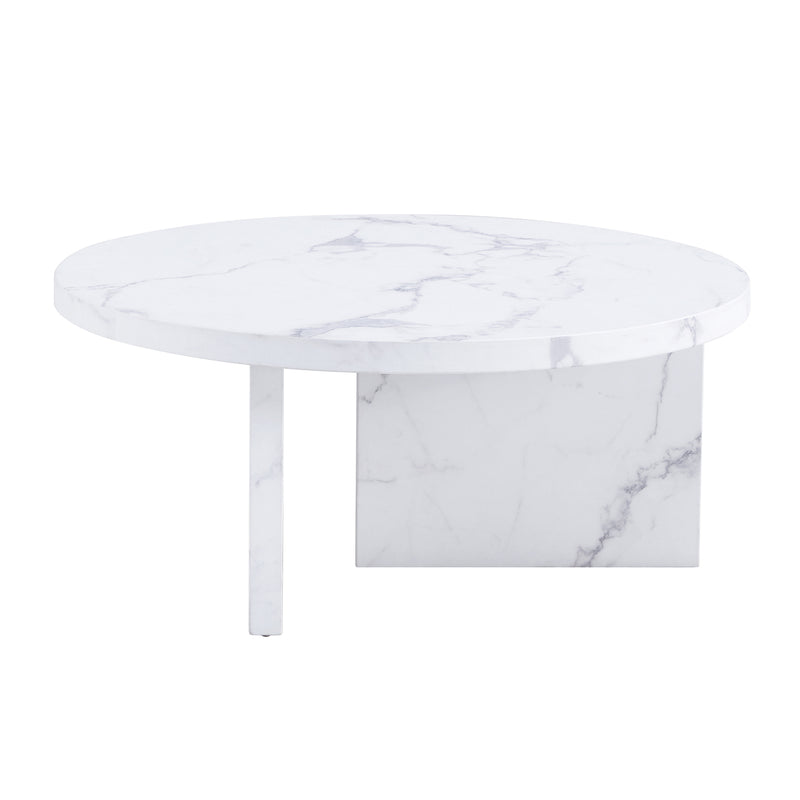 A white MDF material circular patterned coffee table, a 31.4-inch white center table, modern coffee table, suitable for small spaces and living rooms.