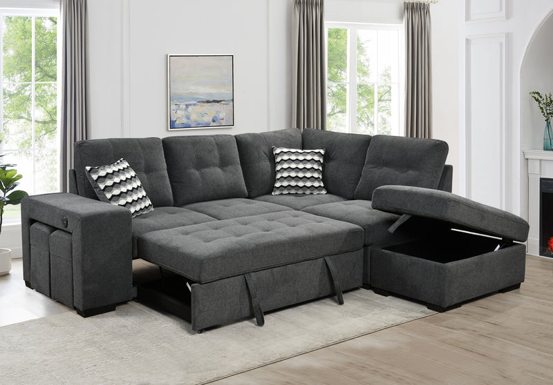 Sectional Pull Out Sofa Bed 101" Reversible L-Shaped Corner Sleeper Upholstered Couch with Storage Ottoman, 2 Pillows,USB Ports,2 Stools for Living Room Furniture Sets,Apartments,Dark Gray