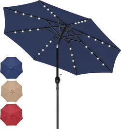 9' Solar Umbrella 32 LED Lighted Patio Umbrella Table Market Umbrella with Push Button Tilt/Crank Outdoor Umbrella for Garden, Deck, Backyard and Pool, Dark Blue