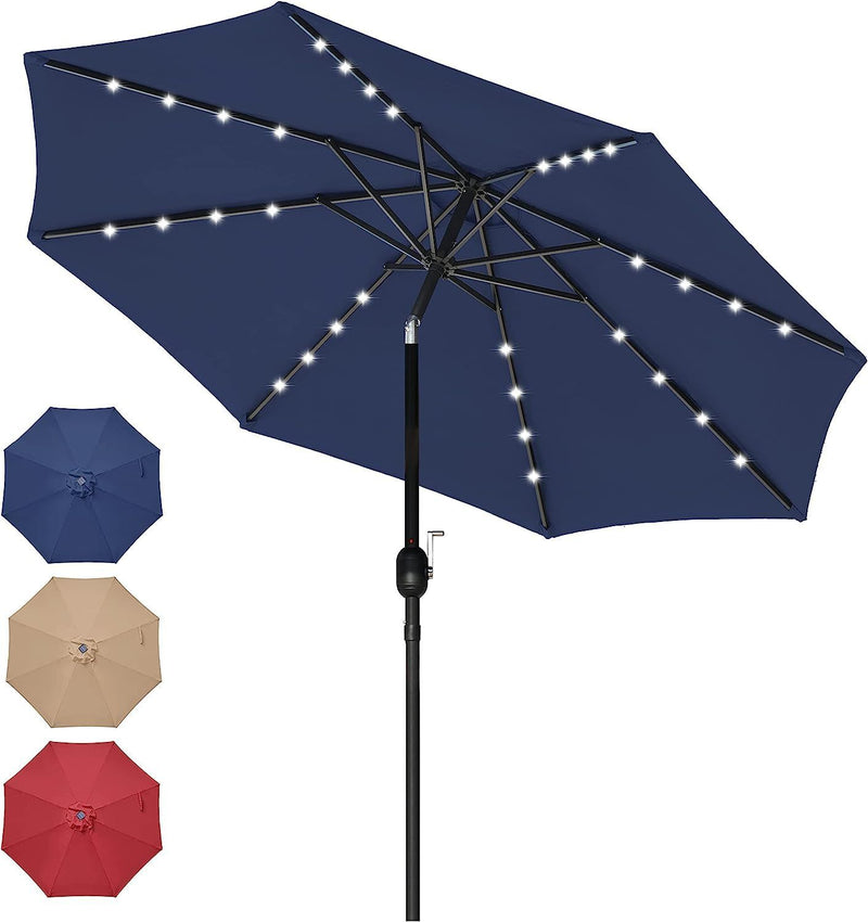 9' Solar Umbrella 32 LED Lighted Patio Umbrella Table Market Umbrella with Push Button Tilt/Crank Outdoor Umbrella for Garden, Deck, Backyard and Pool, Dark Blue