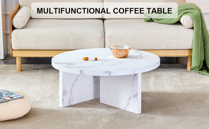 A white MDF material circular patterned coffee table, a 31.4-inch white center table, modern coffee table, suitable for small spaces and living rooms.