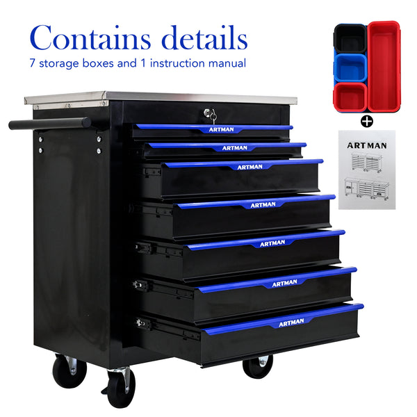 7 DRAWERS MULTIFUNCTIONAL TOOL CART WITH WHEELS-BLACK+BLUE