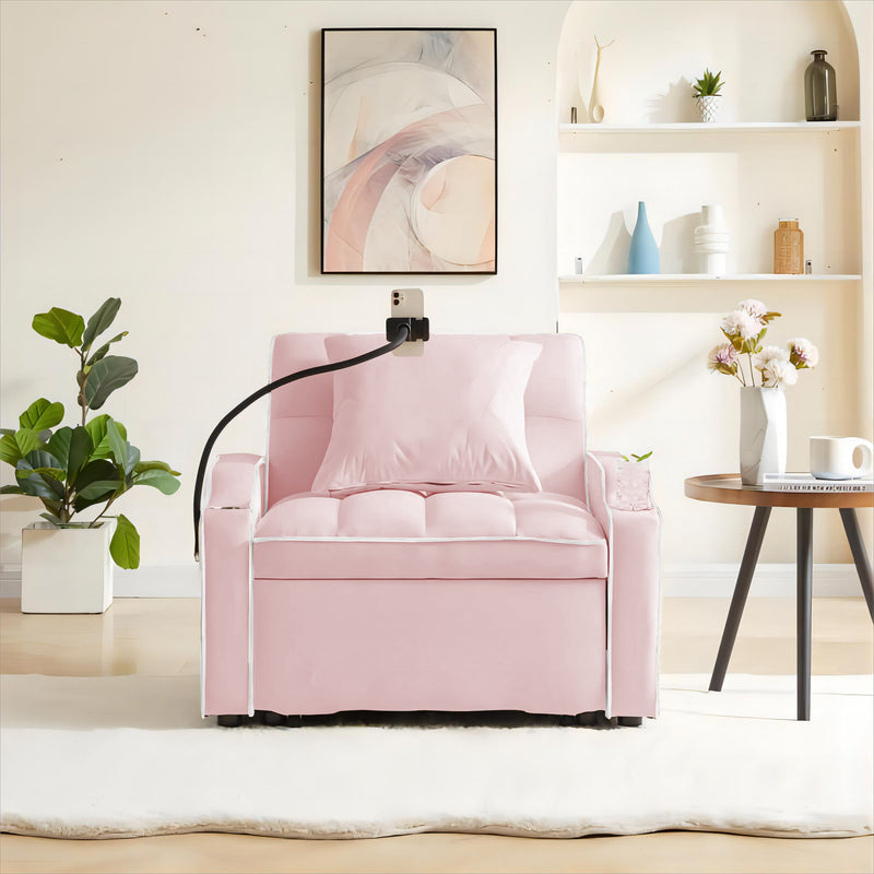 3-in-1 Sofa Bed, Convertible Sleeper Chair Sofa Bed Adjustable Pull Out Sleeper Chair Bed Multi-Pockets Folding Sofa Bed for Living Room Bedroom Small Space (Pink)