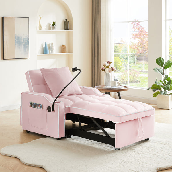 3-in-1 Sofa Bed, Convertible Sleeper Chair Sofa Bed Adjustable Pull Out Sleeper Chair Bed Multi-Pockets Folding Sofa Bed for Living Room Bedroom Small Space (Pink)