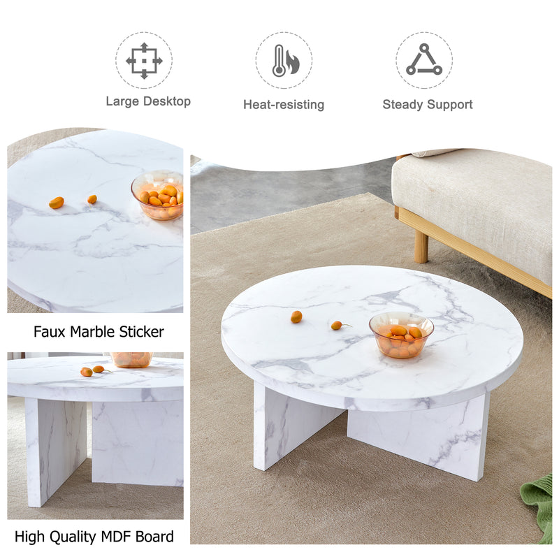 A white MDF material circular patterned coffee table, a 31.4-inch white center table, modern coffee table, suitable for small spaces and living rooms.