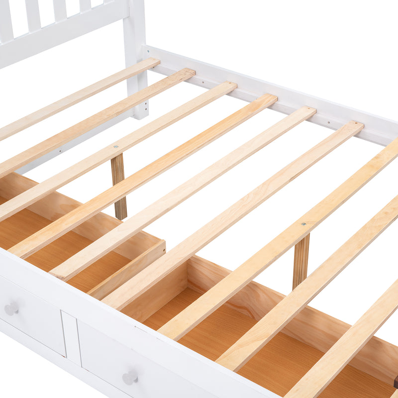 Full Size Wood Platform Bed with Two Drawers and Wooden Slat Support,White+walnut