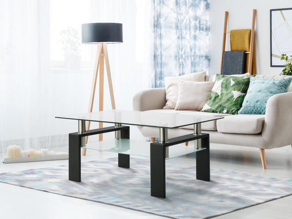 Rectangle Black Glass Coffee Table, Clear Coffee Table, Modern Side Center Tables for Living Room, Living Room Furniture