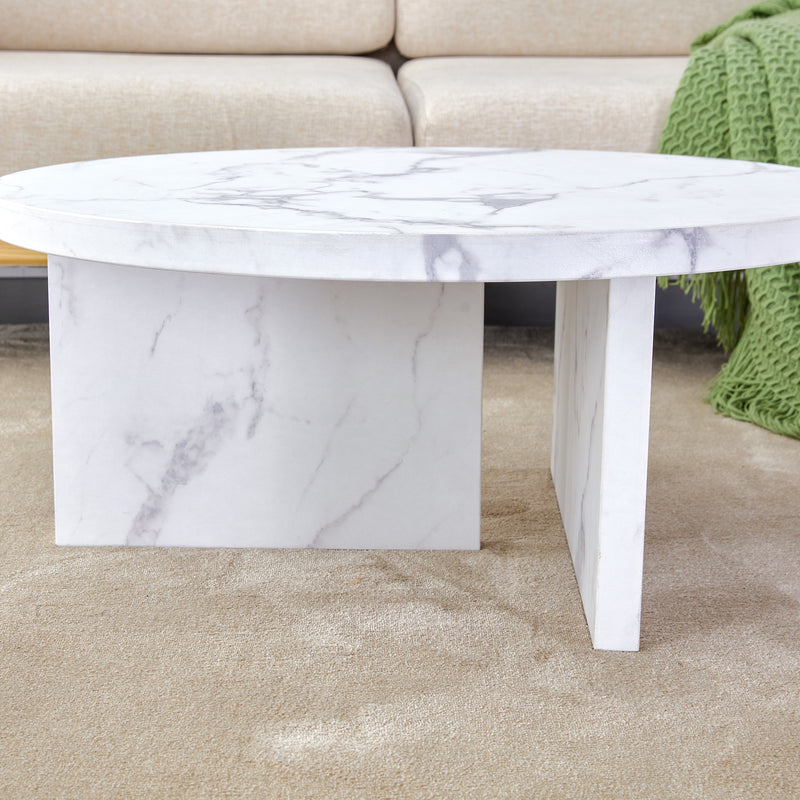 A white MDF material circular patterned coffee table, a 31.4-inch white center table, modern coffee table, suitable for small spaces and living rooms.