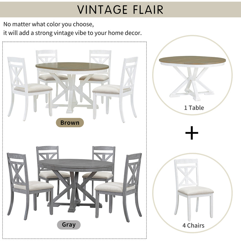 TREXM 5-Piece Retro Functional Dining Table Set Extendable Round Table and 4 Upholstered Chairs for Dining Room and Living Room (Brown+Antique White)