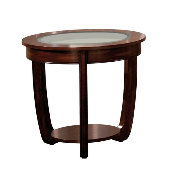 Dark Cherry 1pc End Table Open Bottom Shelf Round Design Glass Insert Top Living Room Furniture