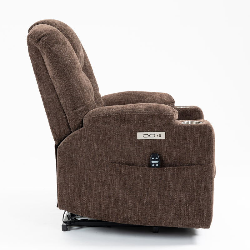 EMON'S Large Power Lift Recliner Chair with Massage and Heat for Elderly, Overstuffed Wide Recliners, Heavy Duty Motion Mechanism with USB and Type C Ports, 2 Steel Cup Holders, Brown