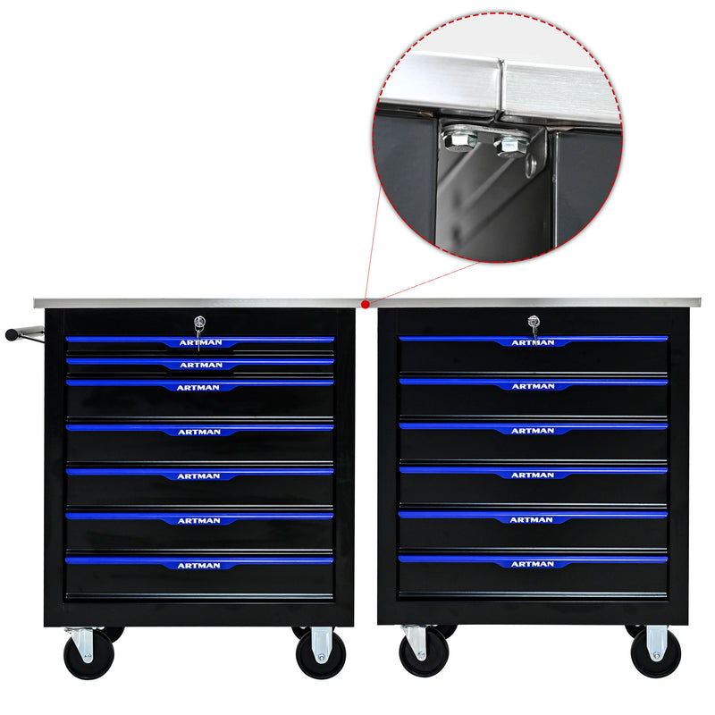 7 DRAWERS MULTIFUNCTIONAL TOOL CART WITH WHEELS-BLACK+BLUE