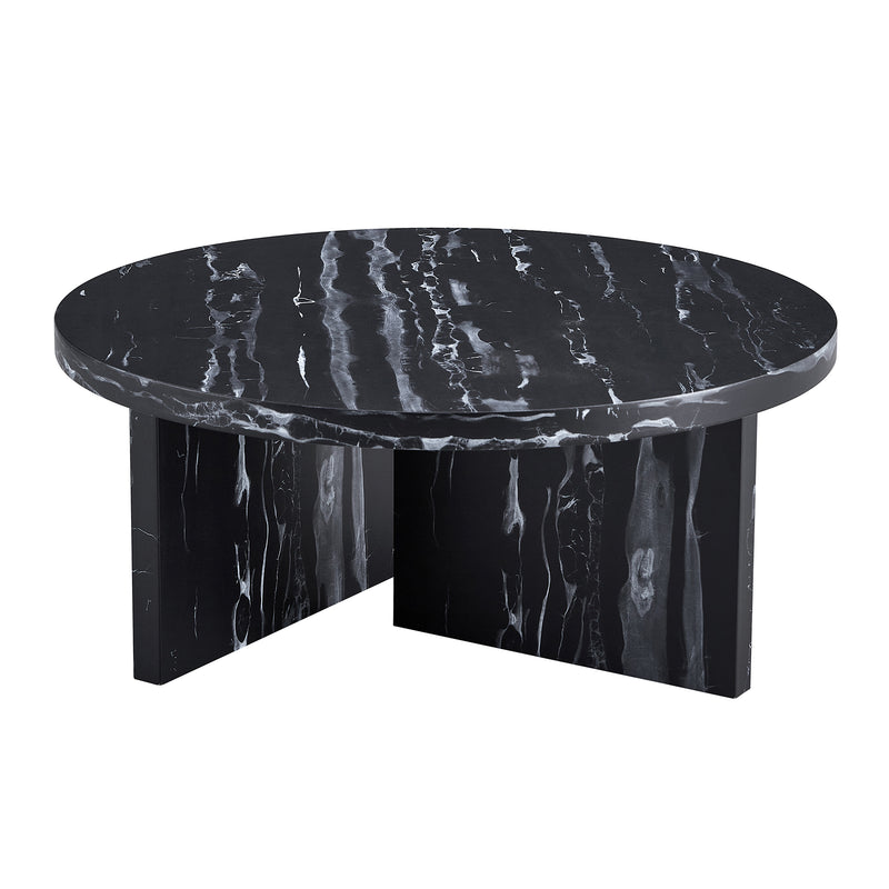 Black MDF material circular coffee table with texture, 31.4 inch black middle table, modern tea table, suitable for small spaces, living room.