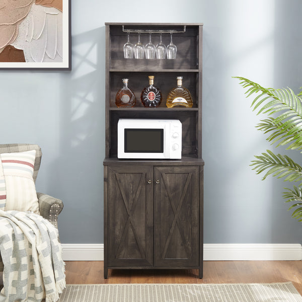 Coffee Bar Cabinet Kitchen Cabinet with Microwave Stand Metal Frame Side Home Source Bar Cabinet Cabinet and Hollow out Barn Design Wood Cabinet L26.77''*W15.75''*H67.32'' Charcoal Gray