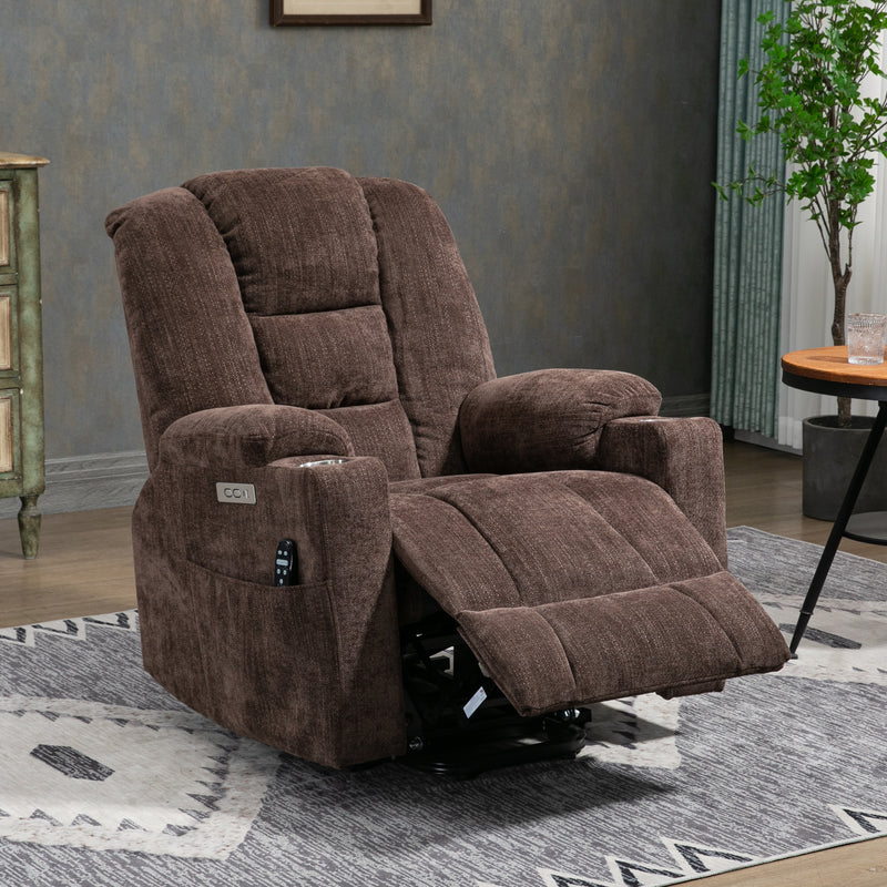 EMON'S Large Power Lift Recliner Chair with Massage and Heat for Elderly, Overstuffed Wide Recliners, Heavy Duty Motion Mechanism with USB and Type C Ports, 2 Steel Cup Holders, Brown