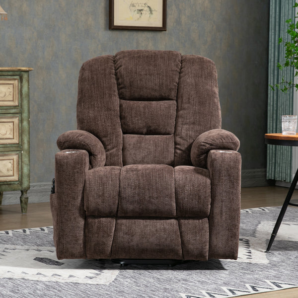 EMON'S Large Power Lift Recliner Chair with Massage and Heat for Elderly, Overstuffed Wide Recliners, Heavy Duty Motion Mechanism with USB and Type C Ports, 2 Steel Cup Holders, Brown