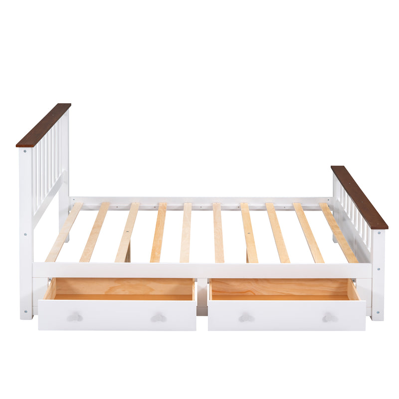 Full Size Wood Platform Bed with Two Drawers and Wooden Slat Support,White+walnut