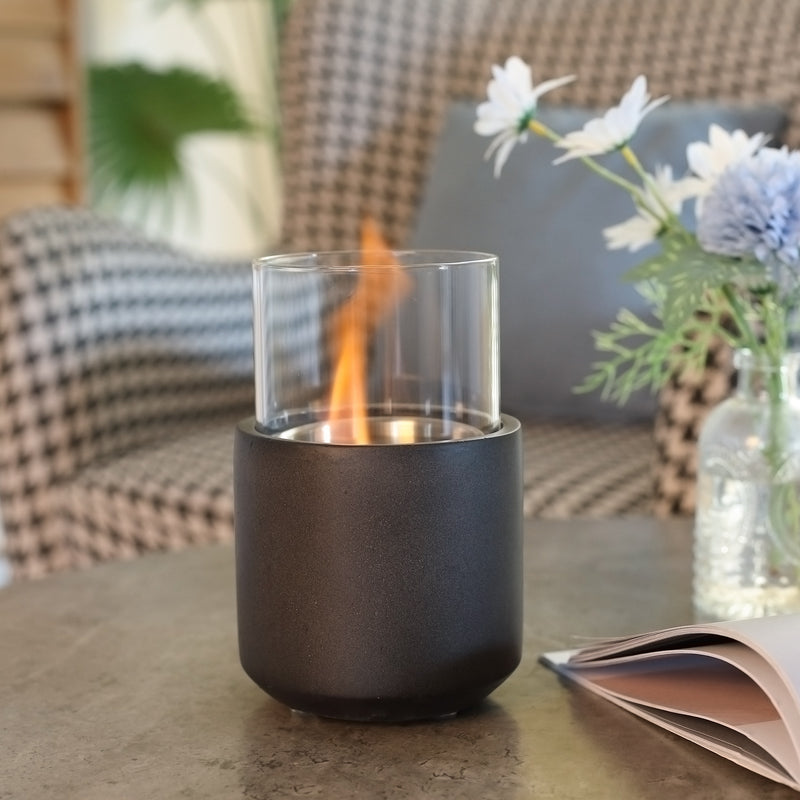 Tabletop Fireplace, Mini Concrete Ethanol Fire Bowl with Lid, Burns up with Liquid Alcohol and Solid Tablet Alcohol, Dark Grey