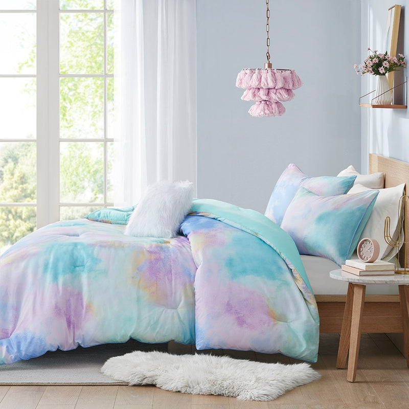 Watercolor Tie Dye Printed Comforter Set with Throw Pillow