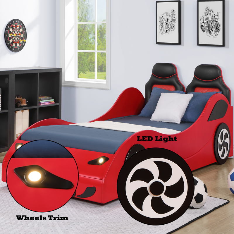 Colen Red Finish Twin Car Bed with LED