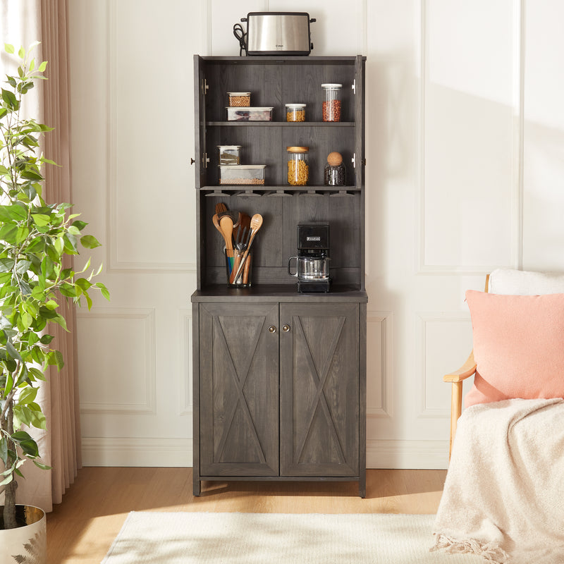 Coffee Bar Cabinet Kitchen Cabinet with Microwave Stand Metal Frame Side Home Source Bar Cabinet Cabinet and Hollow out Barn Design Wood Cabinet L26.77''*W15.75''*H67.32'' Charcoal Gray