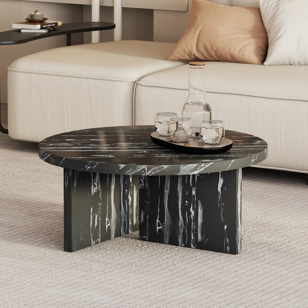 Black MDF material circular coffee table with texture, 31.4 inch black middle table, modern tea table, suitable for small spaces, living room.