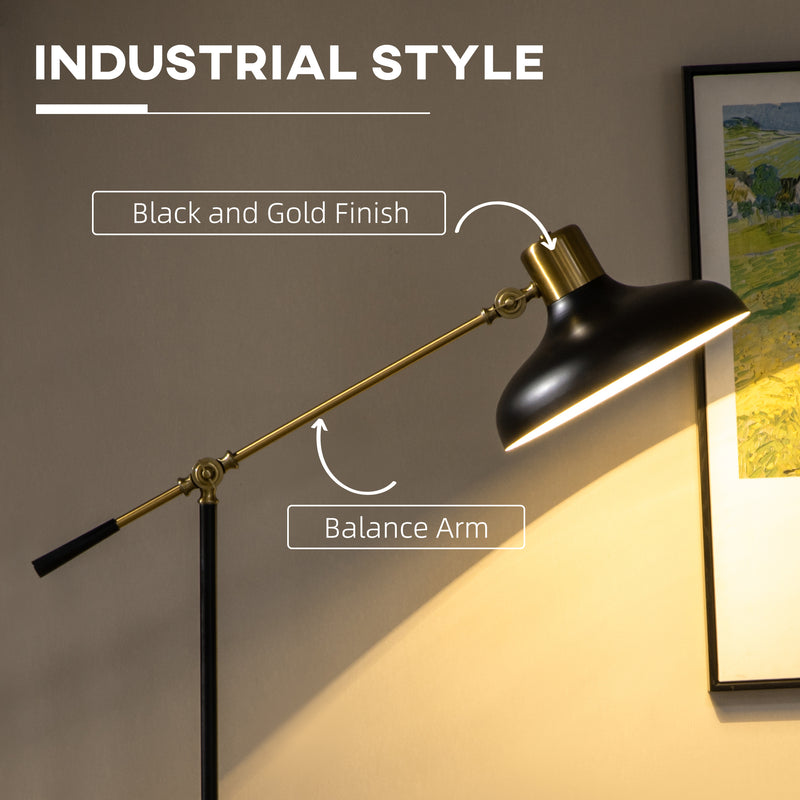 Adjustable Floor Lamps for Living Room, Standing Lamp for Bedroom with Balance Arm, Adjustable Head and Height, Tall Black and Gold Lamp (Bulb not Included)