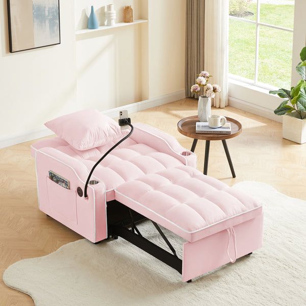 3-in-1 Sofa Bed, Convertible Sleeper Chair Sofa Bed Adjustable Pull Out Sleeper Chair Bed Multi-Pockets Folding Sofa Bed for Living Room Bedroom Small Space (Pink)