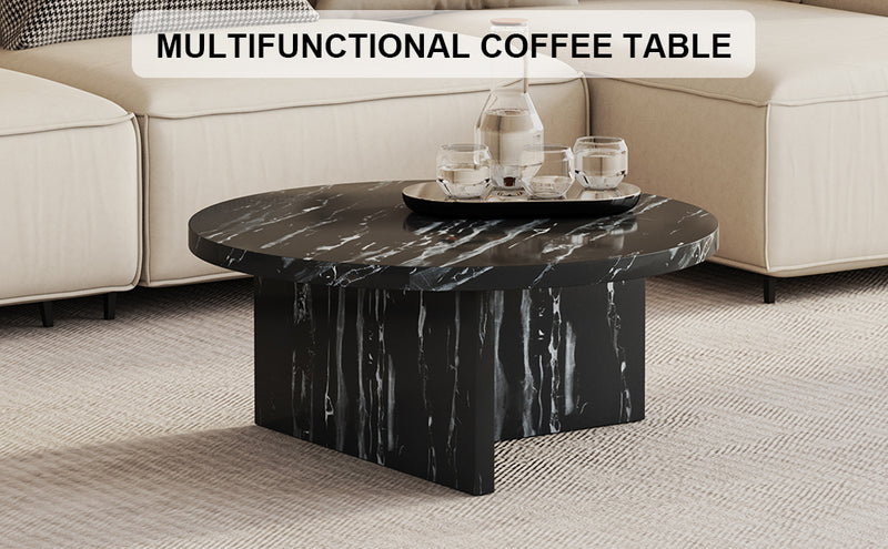 Black MDF material circular coffee table with texture, 31.4 inch black middle table, modern tea table, suitable for small spaces, living room.