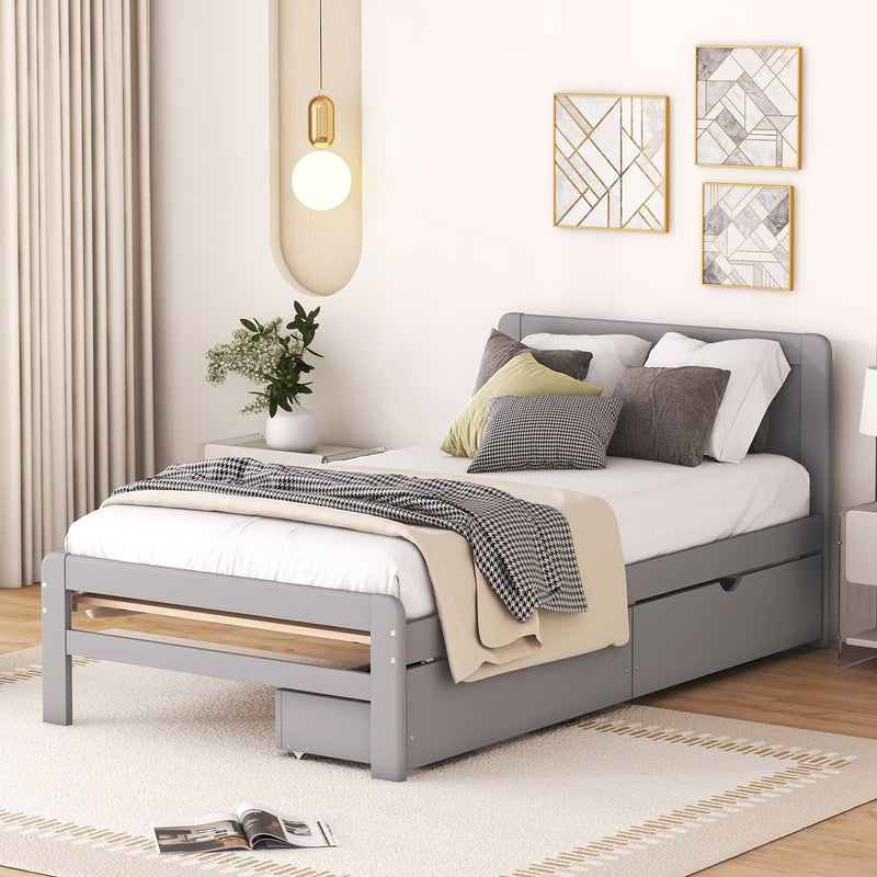 Modern Design Twin Size Platform Bed Frame with 2 Drawers for Grey Color