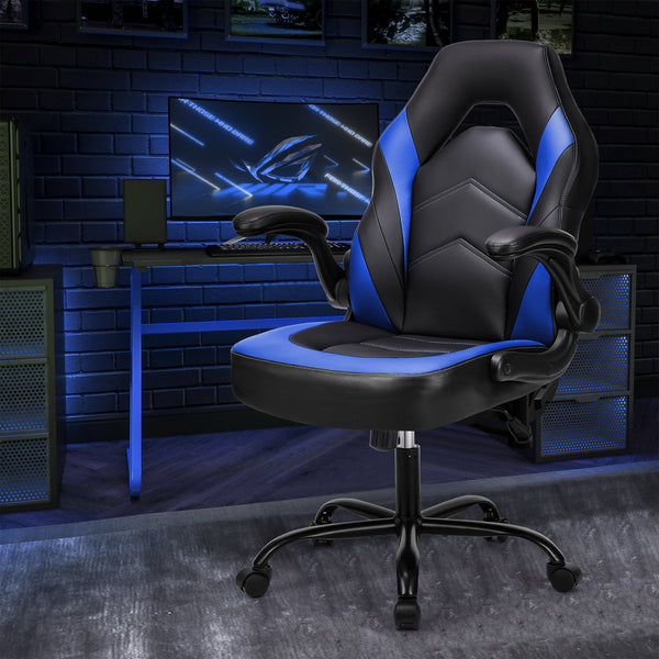 Sweetcrispy Gaming Chair - PU Leather Computer Chair Ergonomic Office Chair with Lumbar Support, Height Adjustable Rolling Desk Chairs with Flip-up Armrests