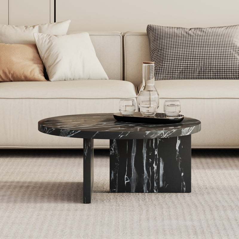 Black MDF material circular coffee table with texture, 31.4 inch black middle table, modern tea table, suitable for small spaces, living room.