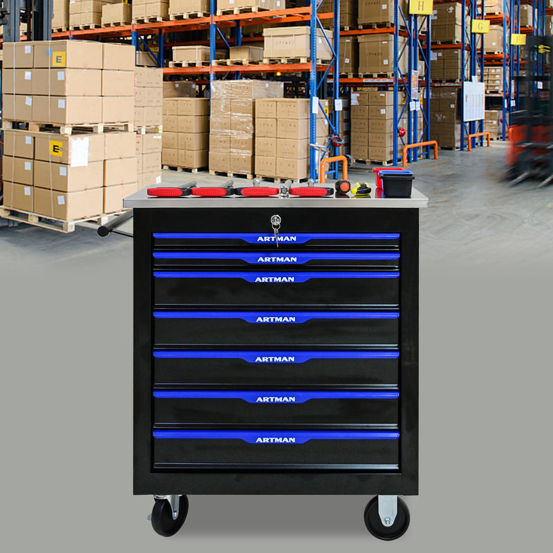 7 DRAWERS MULTIFUNCTIONAL TOOL CART WITH WHEELS-BLACK+BLUE