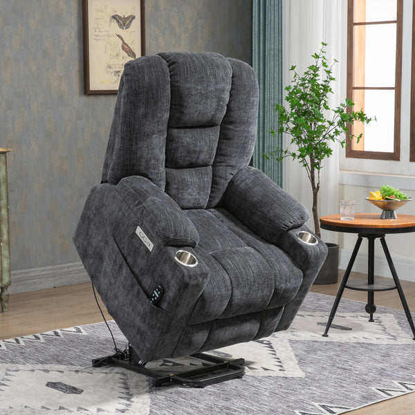 EMON'S Large Power Lift Recliner Chair with Massage and Heat for Elderly, Overstuffed Wide Recliners, Heavy Duty Motion Mechanism with USB and Type C Ports, 2 Steel Cup Holders, Gray