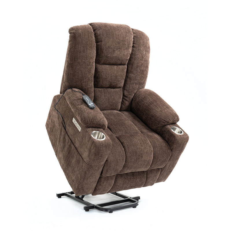 EMON'S Large Power Lift Recliner Chair with Massage and Heat for Elderly, Overstuffed Wide Recliners, Heavy Duty Motion Mechanism with USB and Type C Ports, 2 Steel Cup Holders, Brown