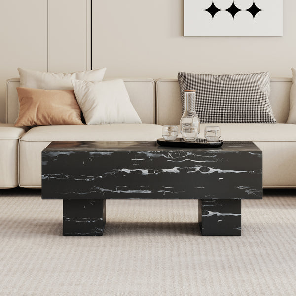 The black coffee table has patterns. Modern rectangular table, suitable for living rooms and apartments. 43.3"*21.6"*17.2"