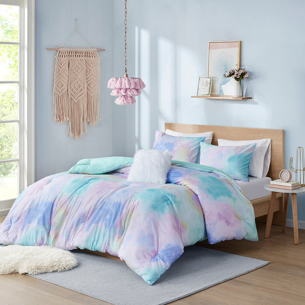 Watercolor Tie Dye Printed Comforter Set with Throw Pillow