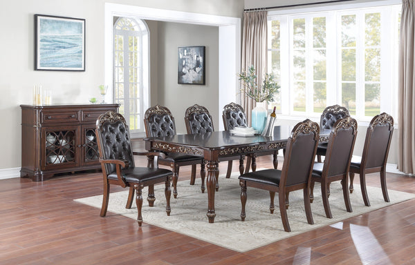 Traditional Brown Finish 9pc Dining Set Table w 2x Arm Chairs 6x Side Chairs Rubber wood Intricate Design Tufted back Cushion Seat Dining Room Furniture