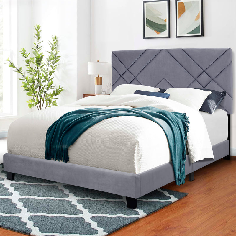 GRAY COLLECTION QUEEN SIZE UPHOLSTERED HEADBOARD ADJUSTABLE BED FRAME VELVET FABRIC HOT STYLE SUPER POPULAR SERIES