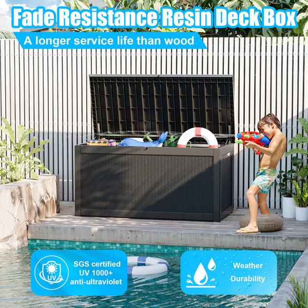 260 Gallon Deck Box, Waterproof Resin Large Outdoor Storgae Box for Patio Furniture, Patio Cushions, Gardening Tools, Pool and Sports Supplies, Lockable (Black)