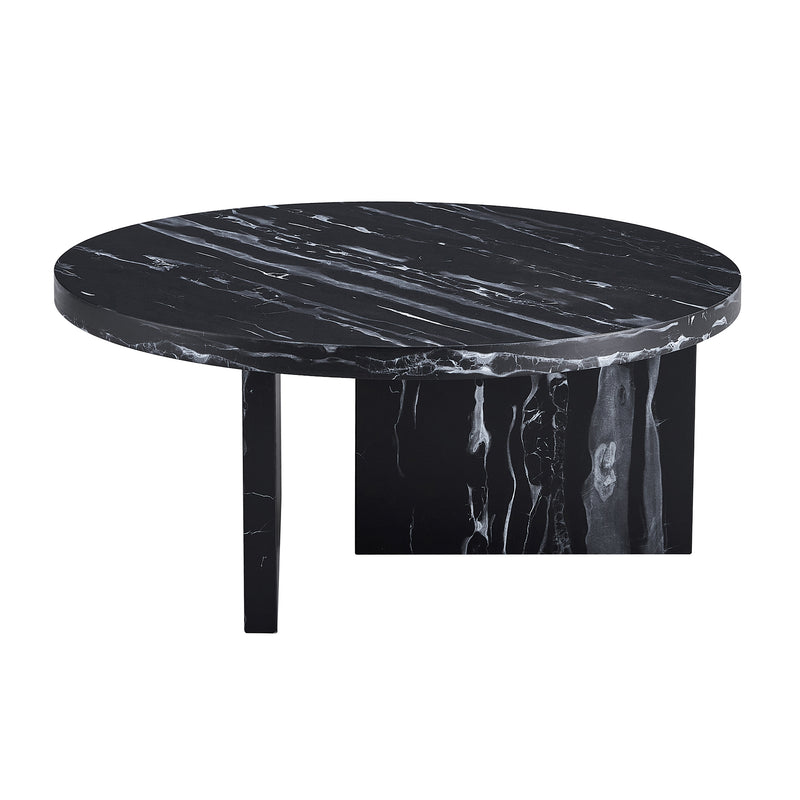 Black MDF material circular coffee table with texture, 31.4 inch black middle table, modern tea table, suitable for small spaces, living room.